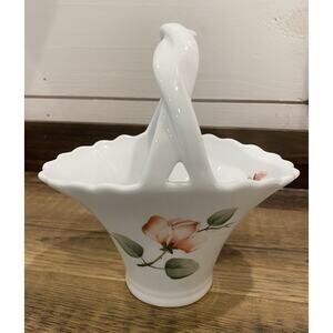 Vintage White Milk Glass Basket with Pink Roses